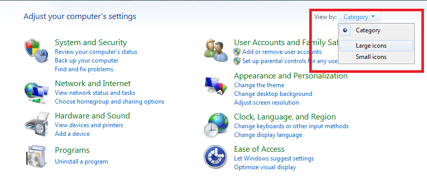 Screenshot of Control Panel screen in windows 7