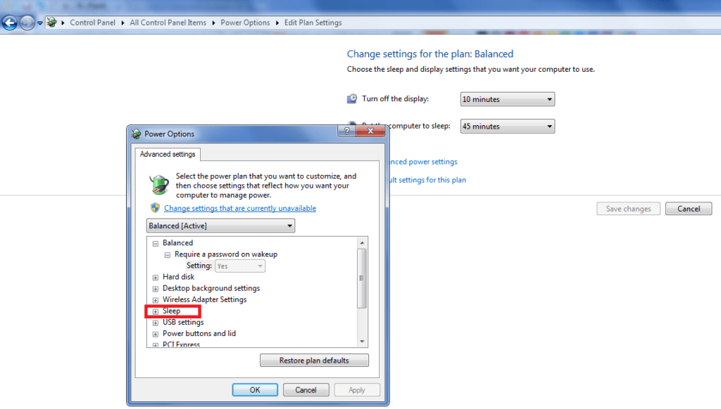 Snippet showing Power Options window of the Control Panel.