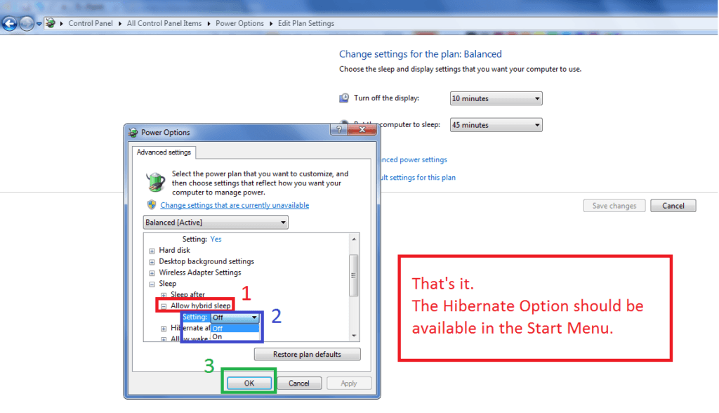 Snippet showing the how to enabe the Hibernation feature in windows