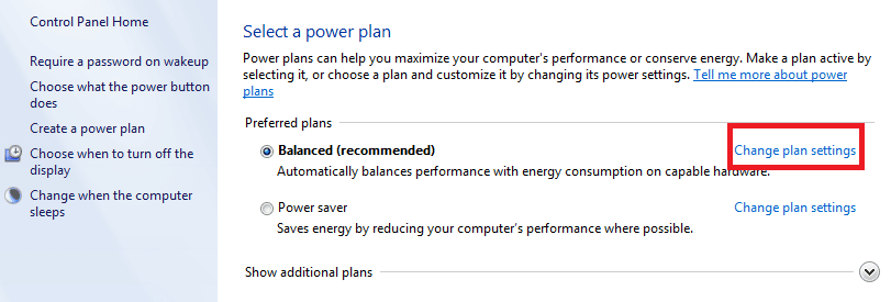 Snippet showing the Power Plan interface in the Control Panel