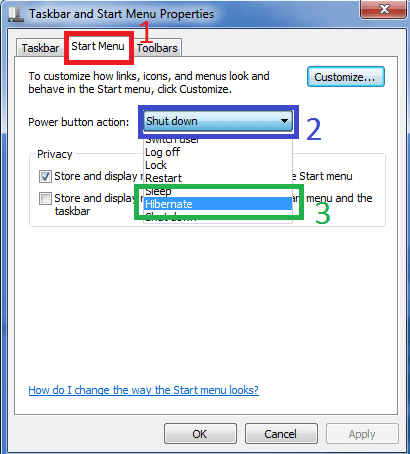 Snippet of Start Menu properties showing how to make the hibernate option as default in the start menu.