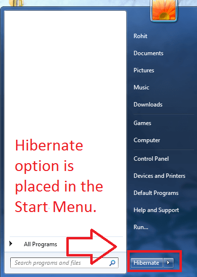 Snippet confirming that the Hibernate option is now enabled and configured on the start menu.