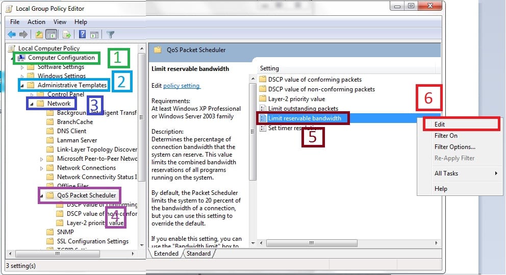 Snipped showing the Local Group Policy Editor configurations to free up reserved bandwidth
