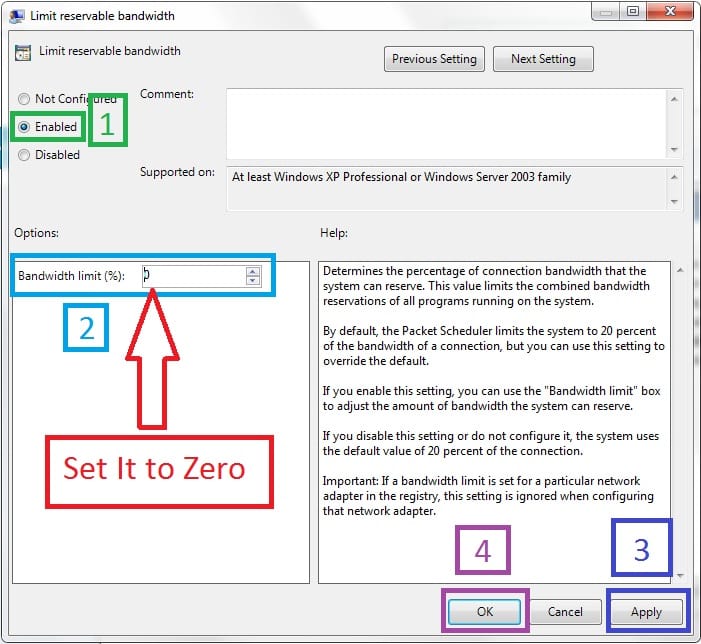Snipped showing the window to set the bandwidth limit to 0% to free up bandwidth.